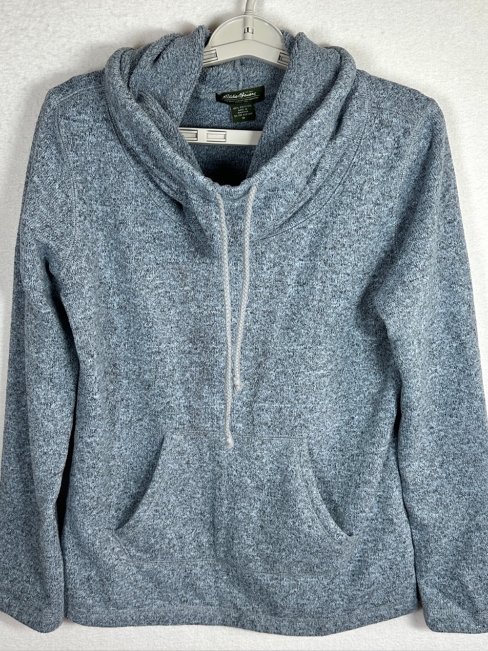 Eddie Bauer Cowl Neck Sweater Top Womens M Blue Gray Kangaroo Pocket Drawstring
